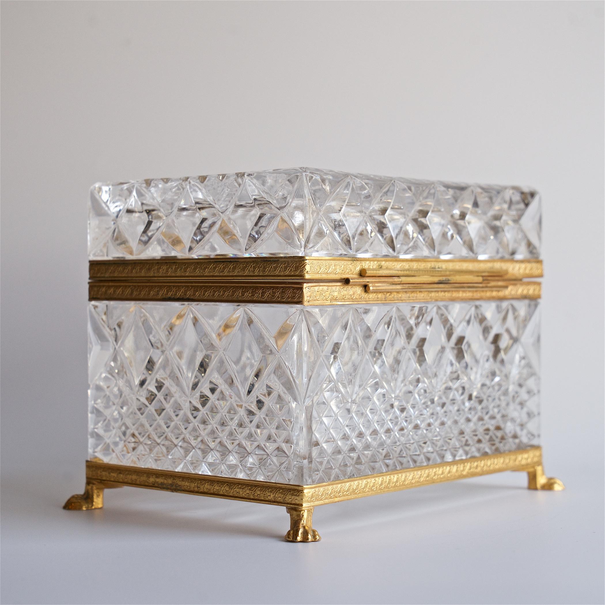 Victorian Vintage Ormolu Jewelry Box Sugar Casket Cut Glass Crystal Gilt French Brass Trim
