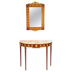 Table console et miroir vintage en bronze doré et porcelaine 20ème siècle