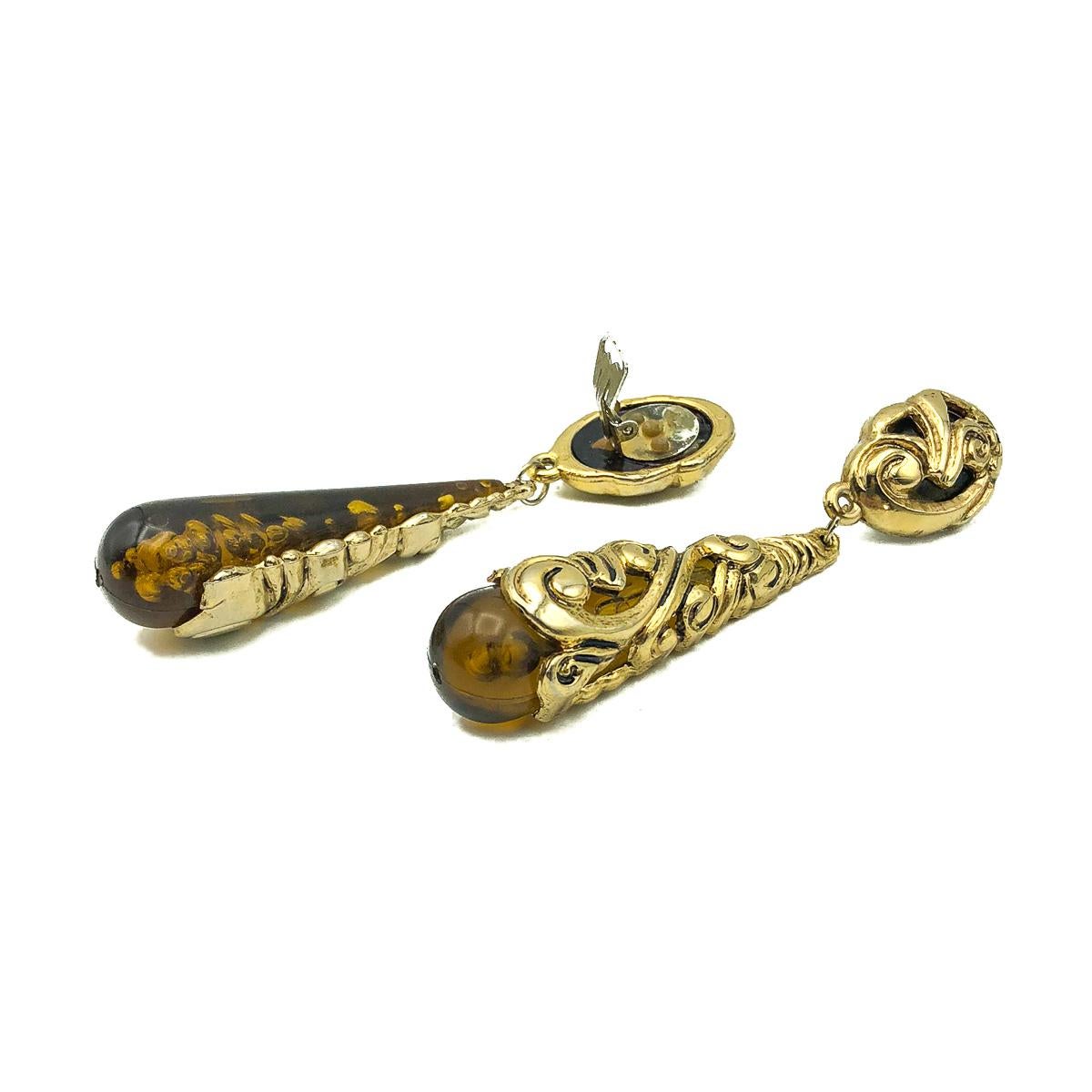 Women's or Men's Vintage Ornamental Gold & Tortoiseshell Elongated Drop Earrings 1970s For Sale