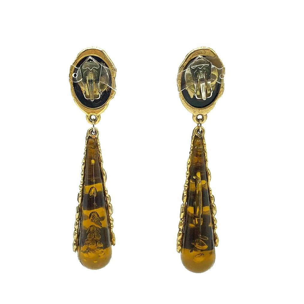 Vintage Ornamental Gold & Tortoiseshell Elongated Drop Earrings 1970s For Sale 1