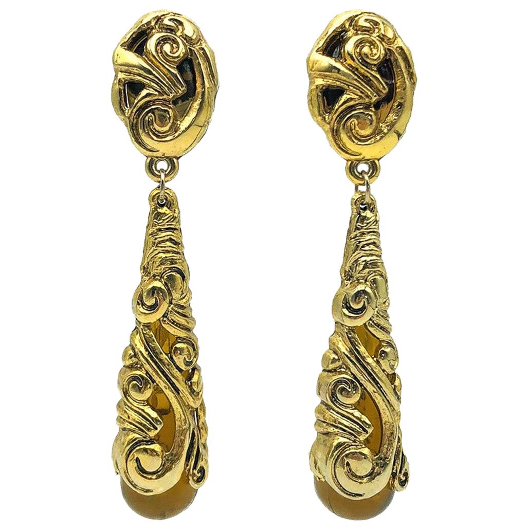 Vintage Ornamental Gold & Tortoiseshell Elongated Drop Earrings 1970s For Sale