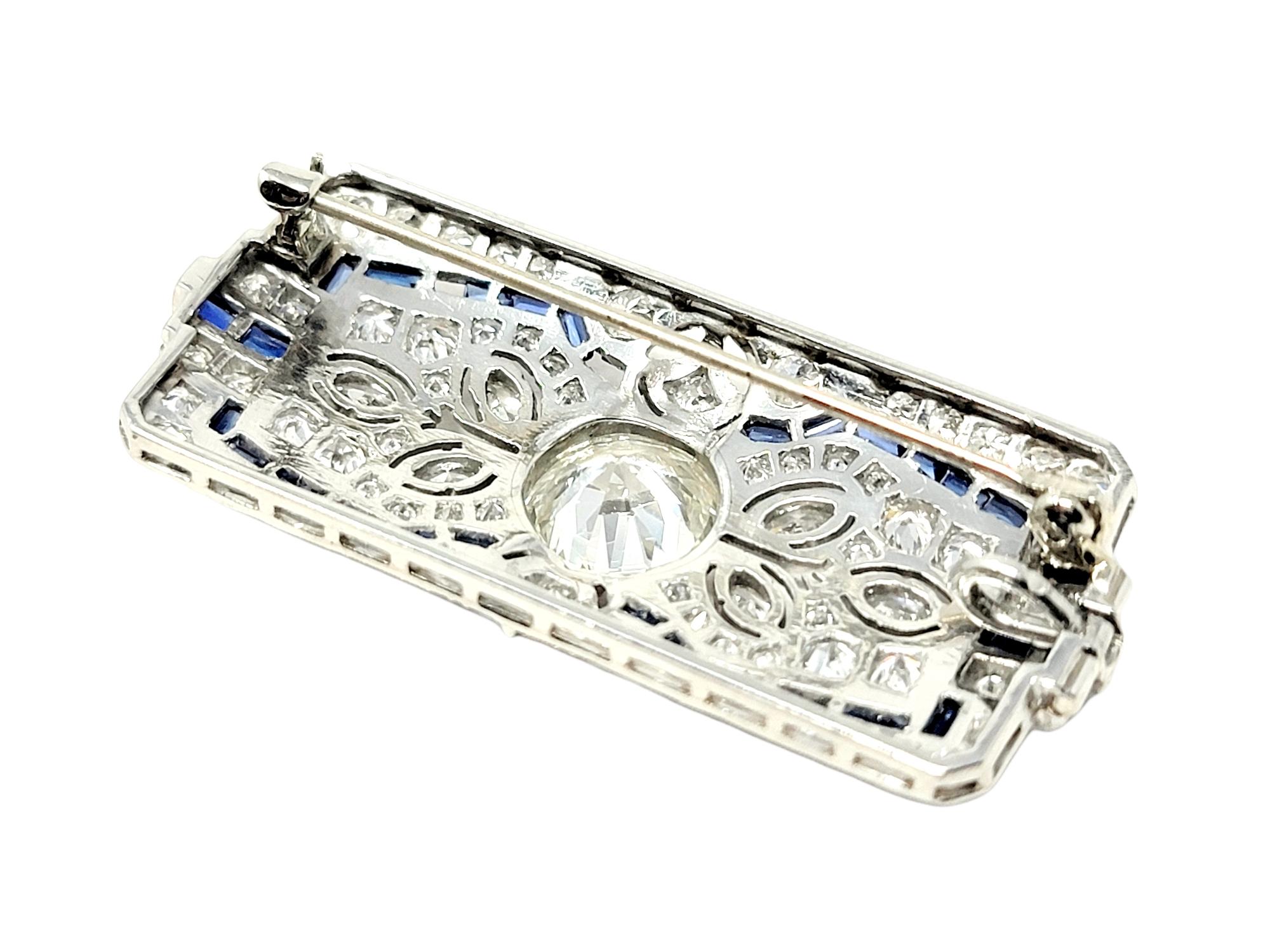 Vintage Ornate Diamond and Sapphire Rectangle Brooch/Pendant Bar in Platinum For Sale 4