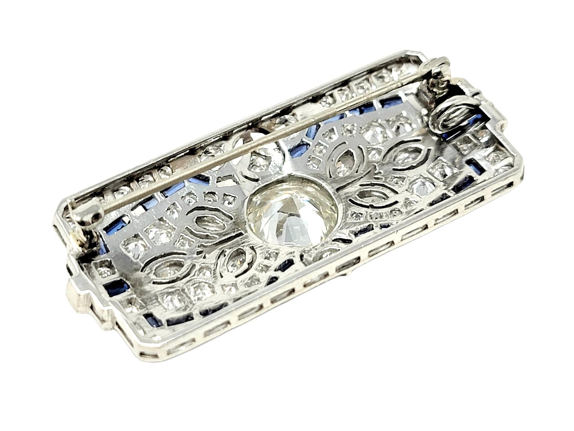 Vintage Ornate Diamond and Sapphire Rectangle Brooch/Pendant Bar in Platinum For Sale 5