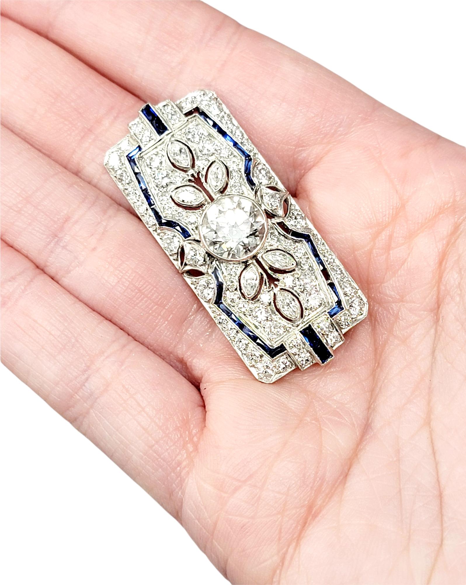 Vintage Ornate Diamond and Sapphire Rectangle Brooch/Pendant Bar in Platinum For Sale 8