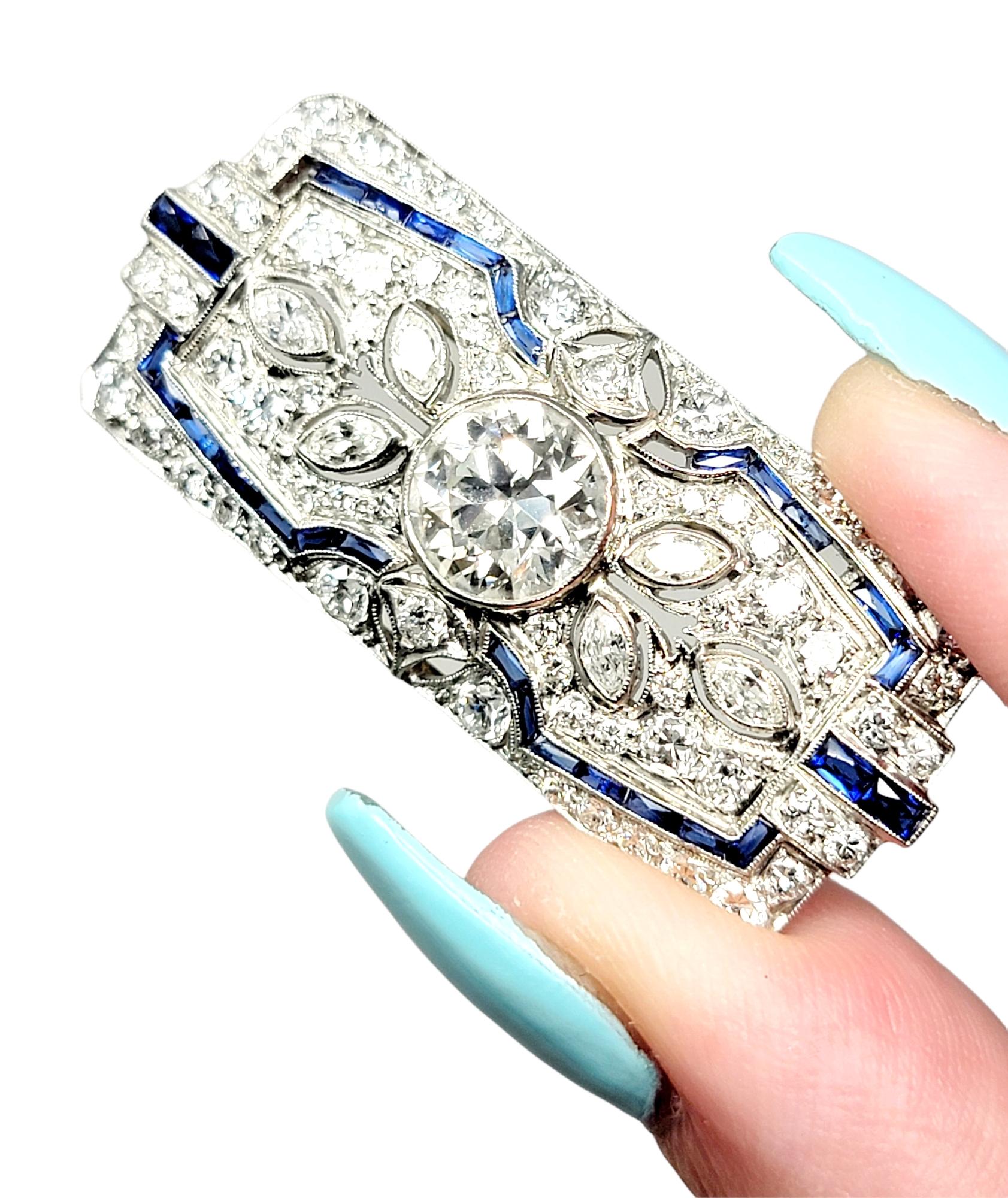 Vintage Ornate Diamond and Sapphire Rectangle Brooch/Pendant Bar in Platinum For Sale 9