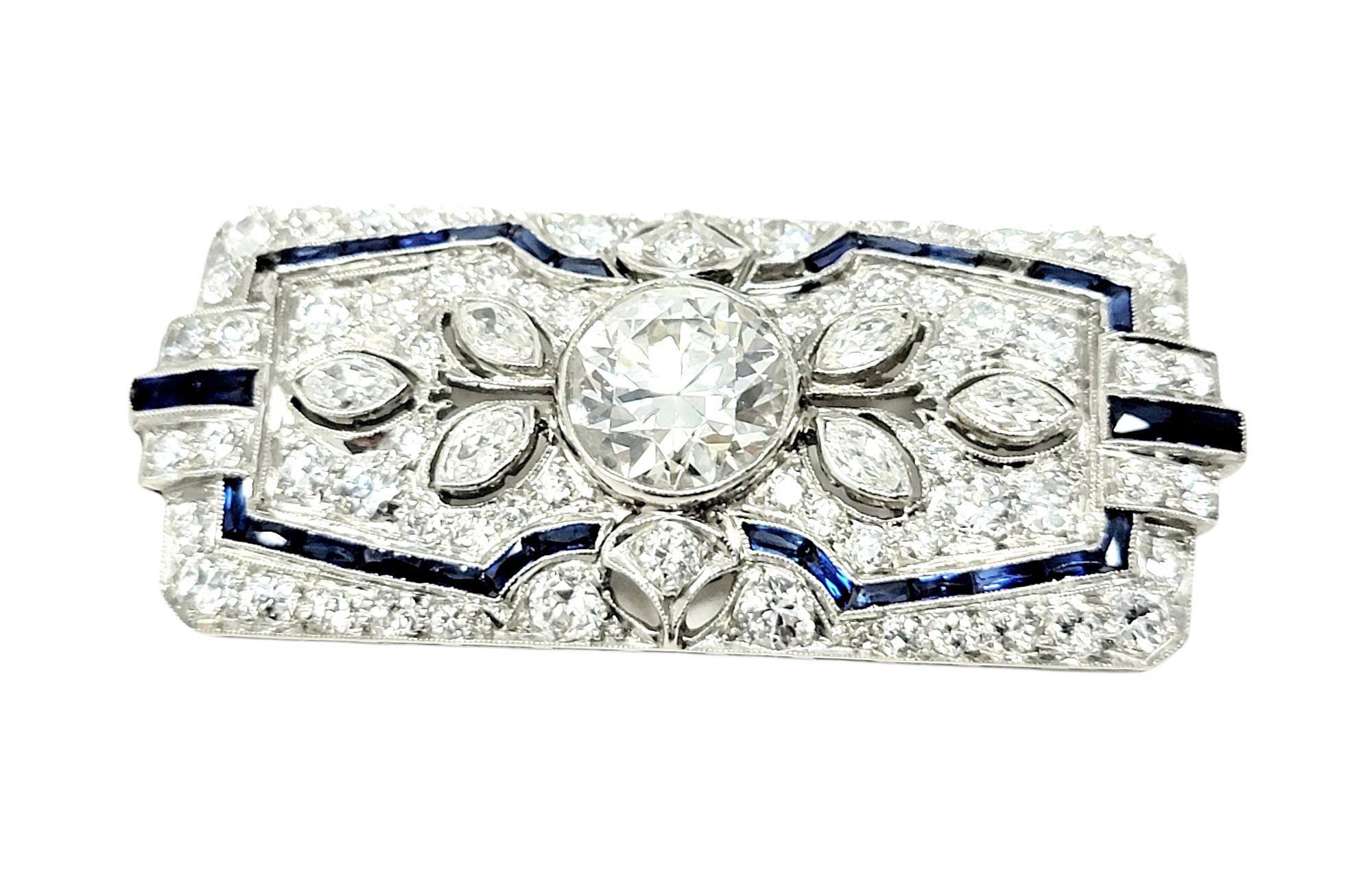 Art Deco Vintage Ornate Diamond and Sapphire Rectangle Brooch/Pendant Bar in Platinum For Sale