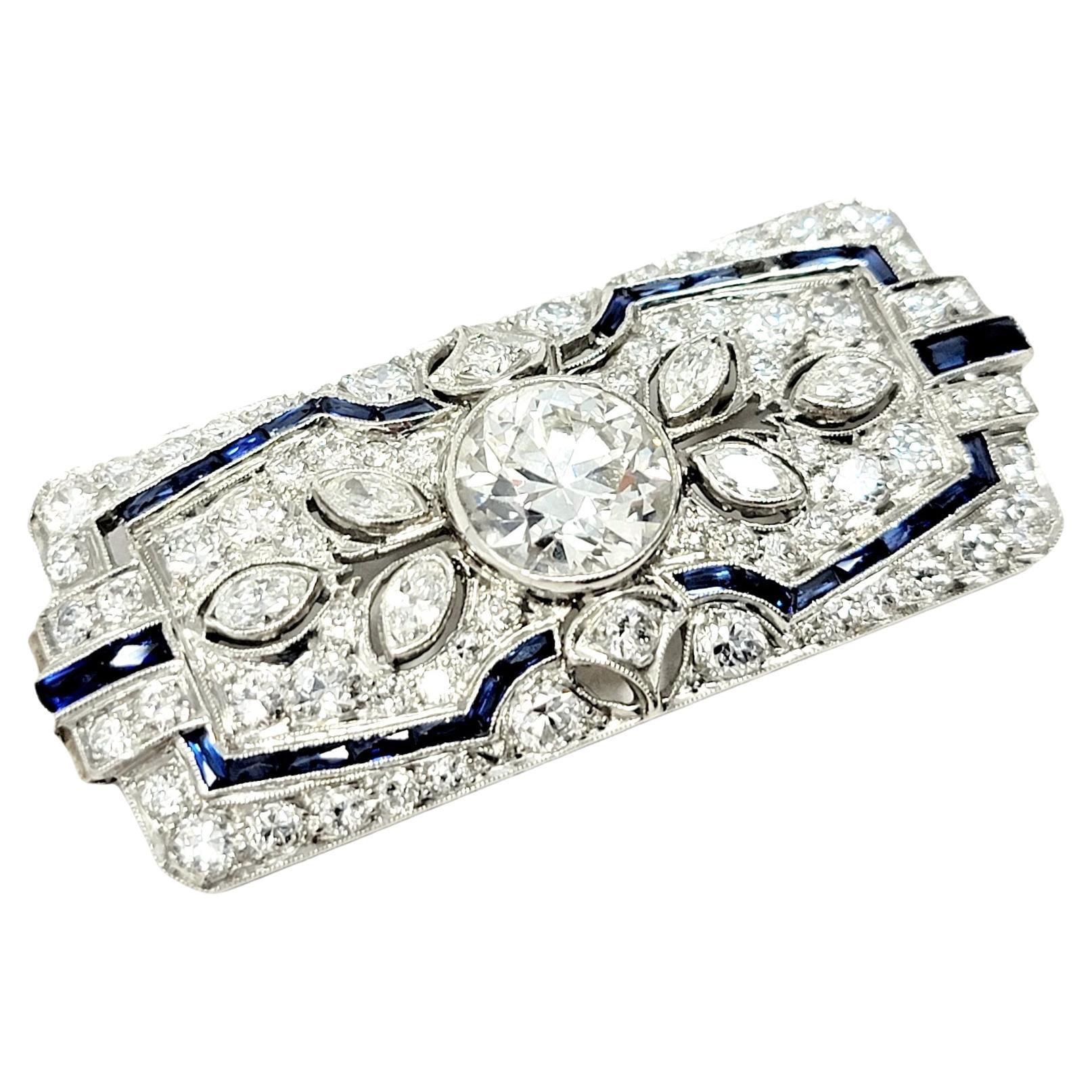 Round Cut Vintage Ornate Diamond and Sapphire Rectangle Brooch/Pendant Bar in Platinum For Sale
