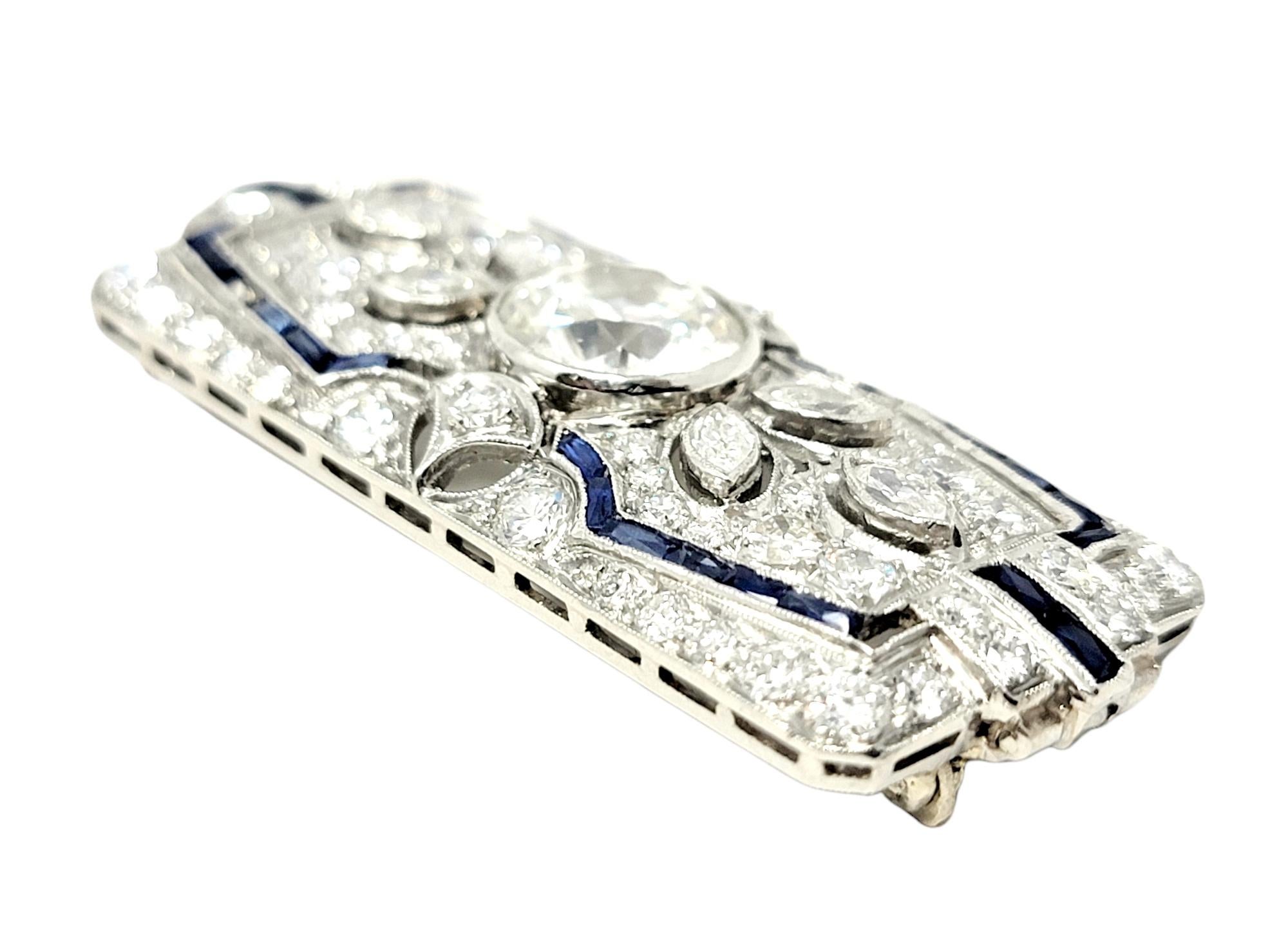Vintage Ornate Diamond and Sapphire Rectangle Brooch/Pendant Bar in Platinum In Good Condition For Sale In Scottsdale, AZ
