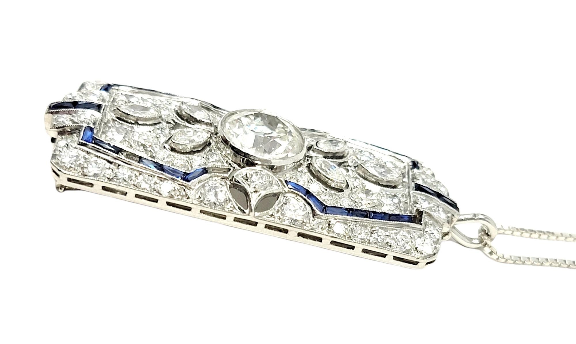 Women's Vintage Ornate Diamond and Sapphire Rectangle Brooch/Pendant Bar in Platinum For Sale