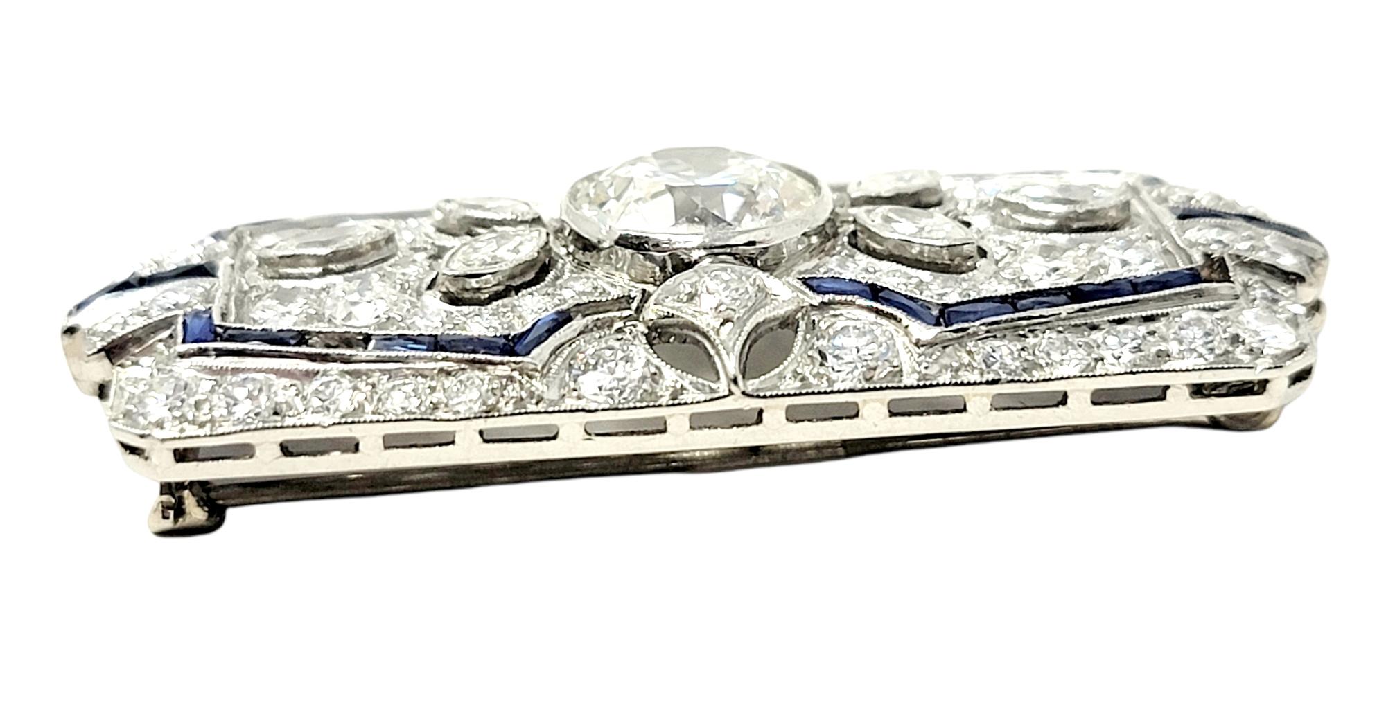 Vintage Ornate Diamond and Sapphire Rectangle Brooch/Pendant Bar in Platinum For Sale 1