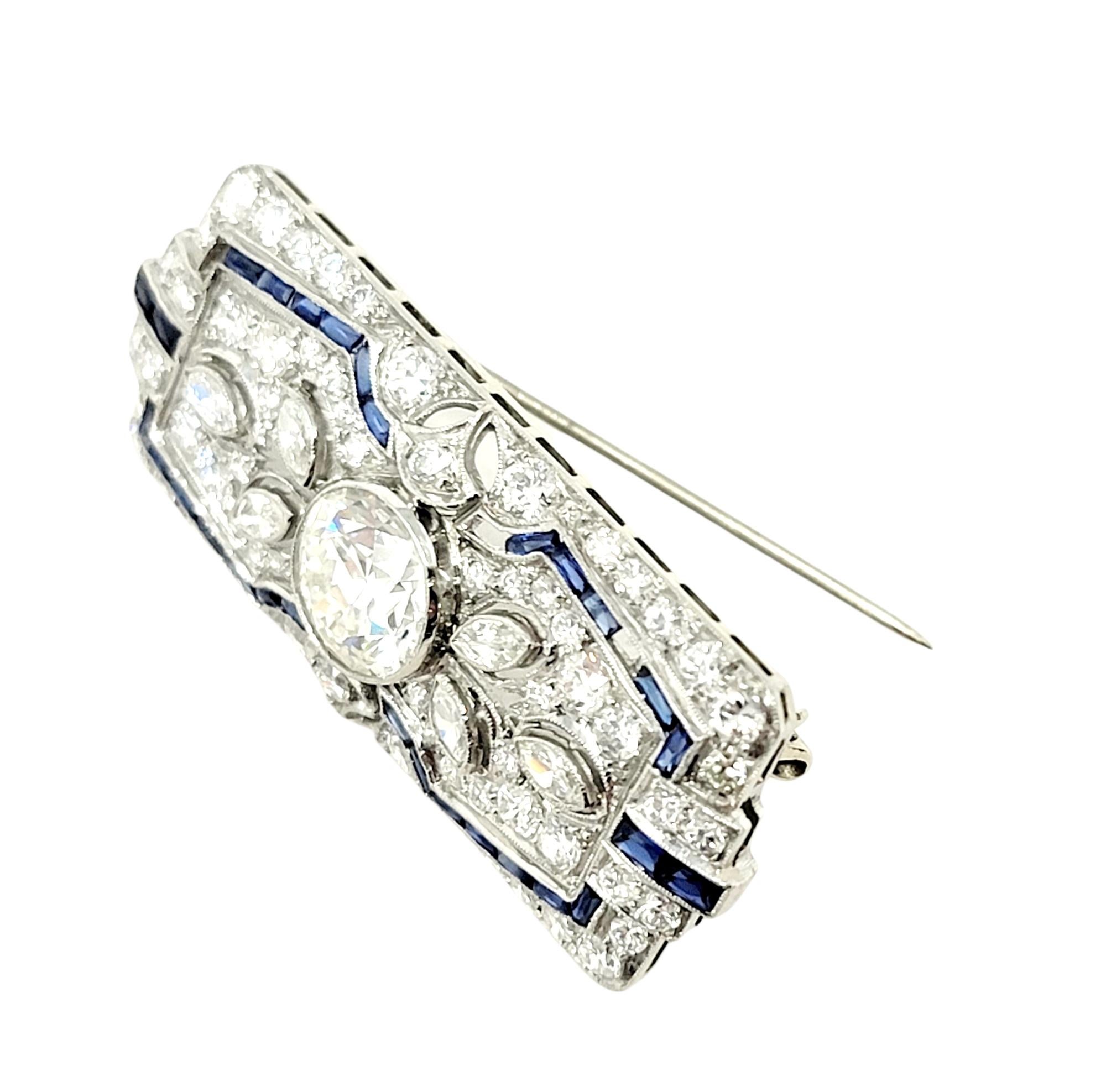 Vintage Ornate Diamond and Sapphire Rectangle Brooch/Pendant Bar in Platinum For Sale 2