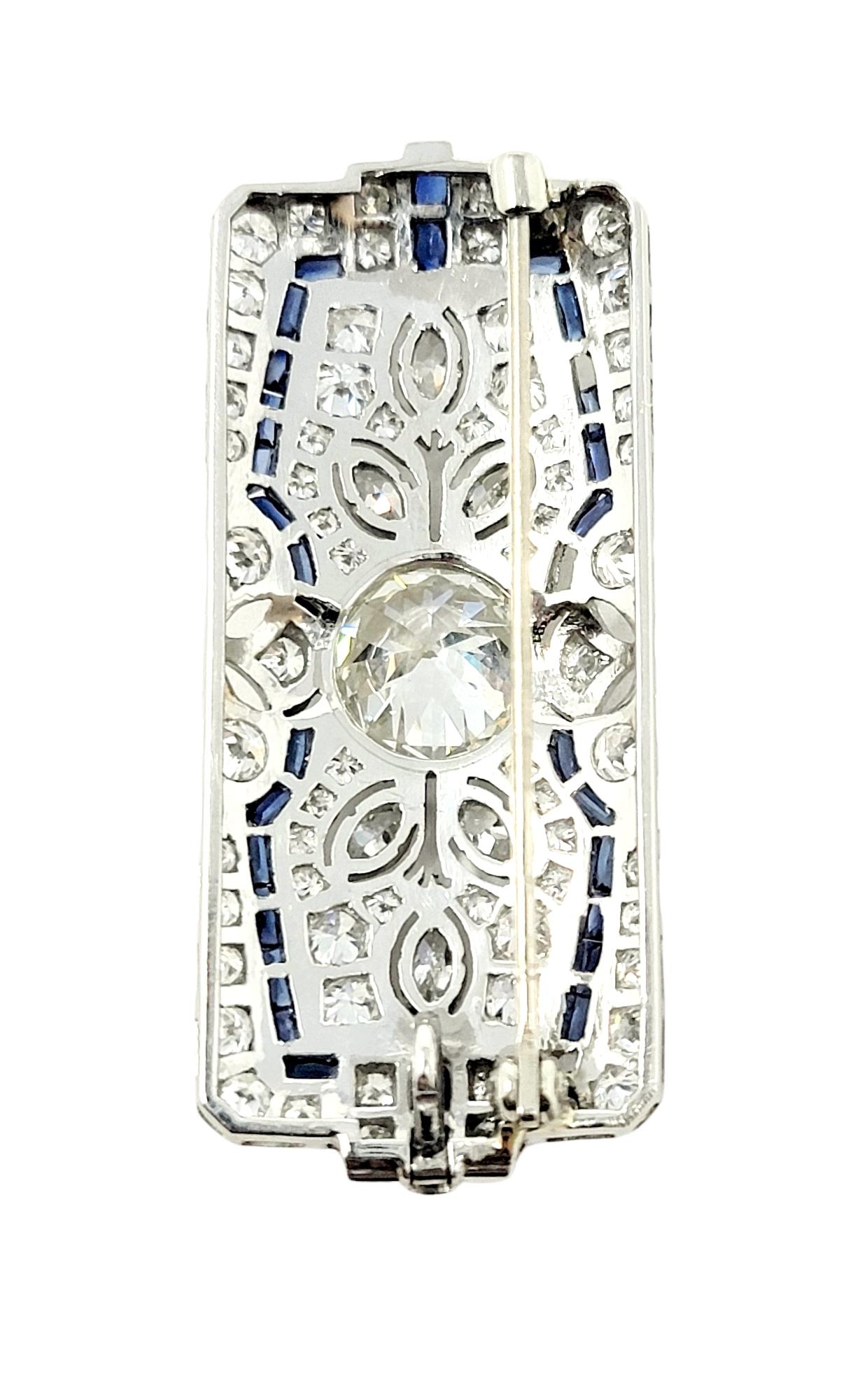 Vintage Ornate Diamond and Sapphire Rectangle Brooch/Pendant Bar in Platinum For Sale 3