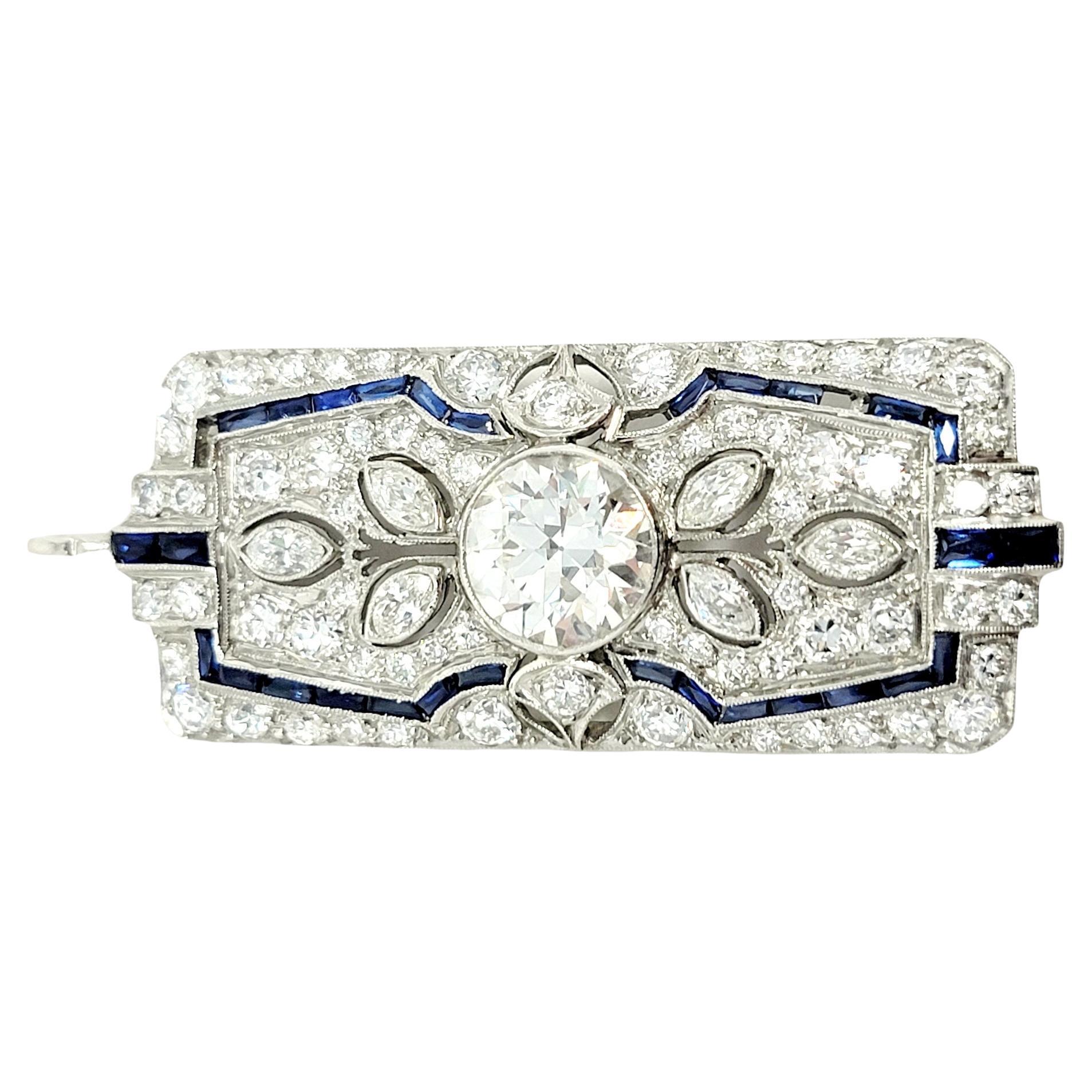 Vintage Ornate Diamond and Sapphire Rectangle Brooch/Pendant Bar in Platinum For Sale