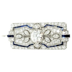 Antique Ornate Diamond and Sapphire Rectangle Brooch/Pendant Bar in Platinum