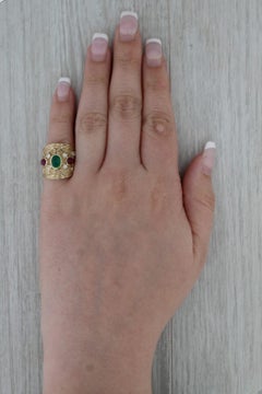Vintage Ornate Emerald Ruby Diamond Ring 14k Yellow Gold Size 6.25