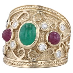 Vintage Ornate Emerald Ruby Diamond Ring 14k Yellow Gold Size 6.25