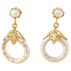 Retro Ornate Filigree Baroque Pearl Hoop Earrings by Miriam Haskell, 1950s