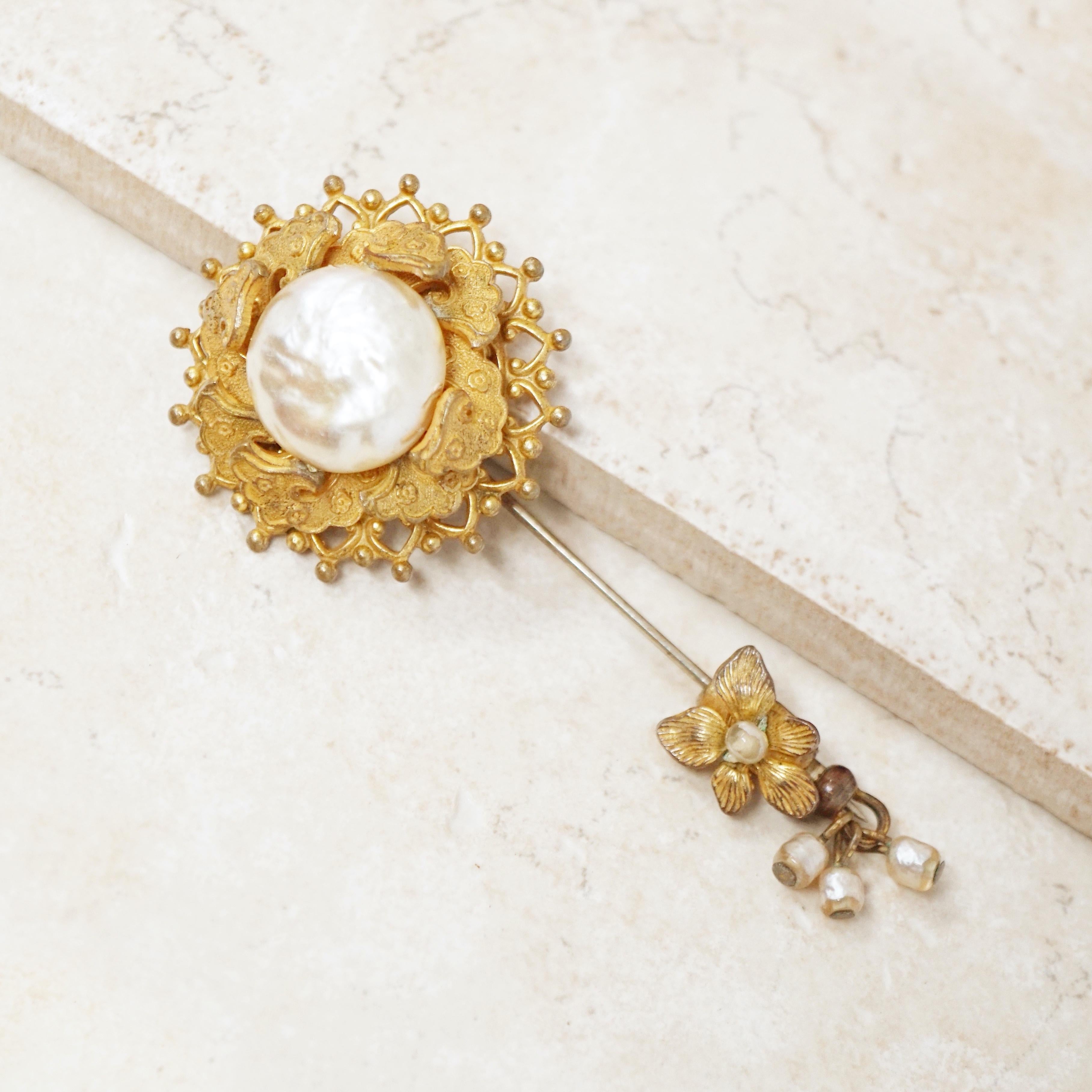 Sorrell Stick Pin Vintage Ornate Filigree Baroque Pearl Stick Pin by Miriam Haskell ...
