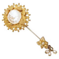 Vintage Ornate Filigree Baroque Pearl Stick Pin by Miriam Haskell, 1950s