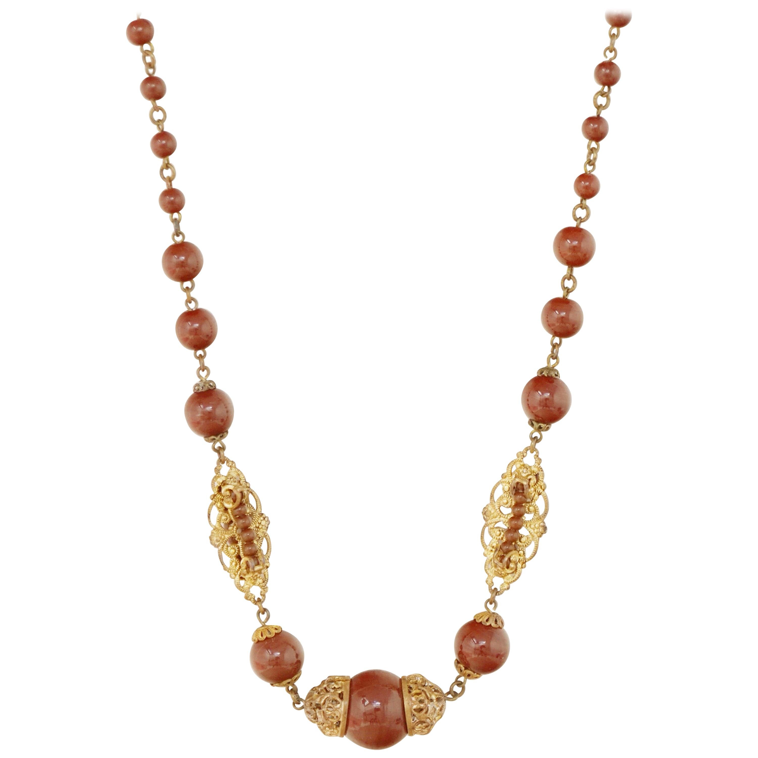 Vintage Ornate Filigree Czech Glass Necklace, 1940s