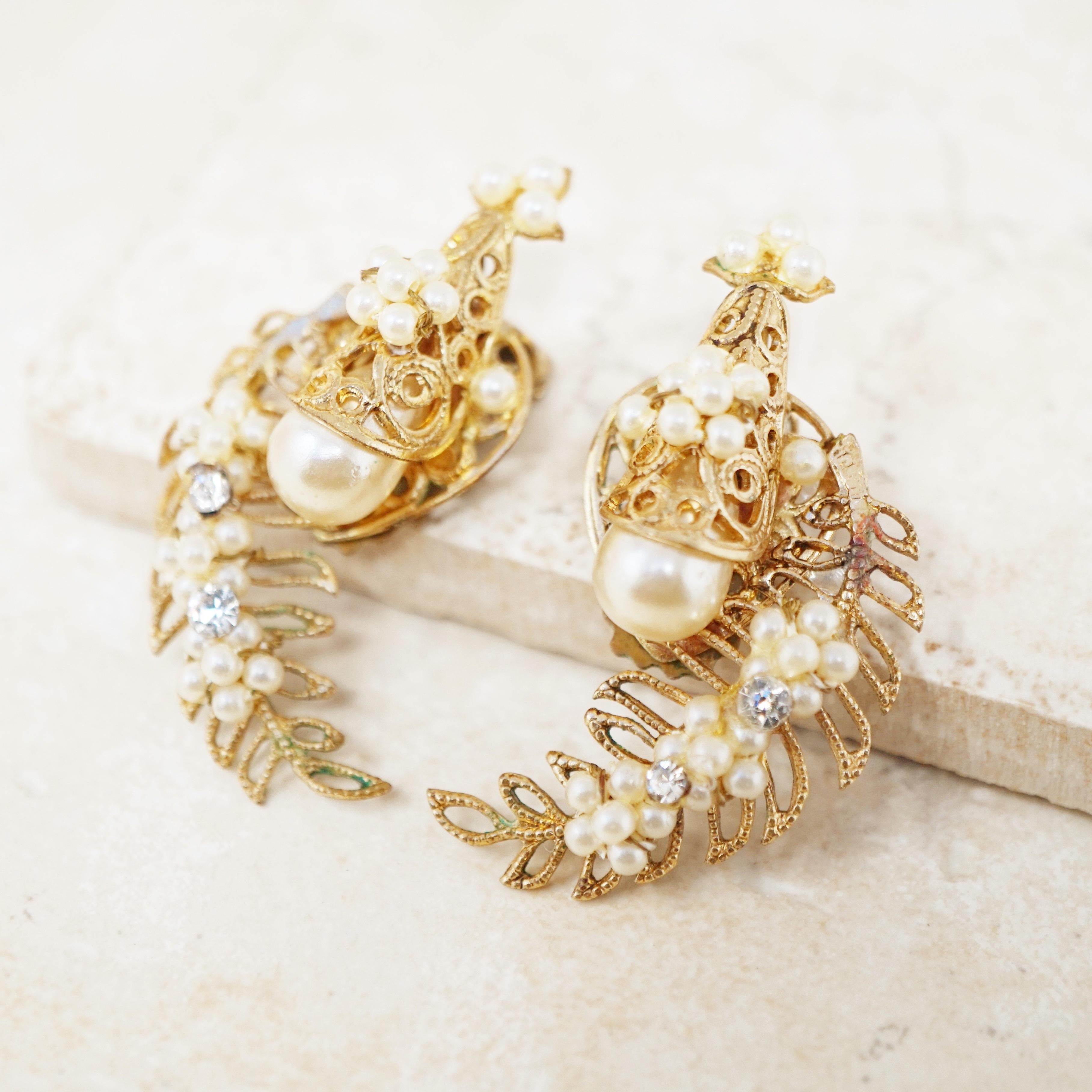 Modern Vintage Ornate Filigree & Pearl Climber Statement Earrings, 1950s