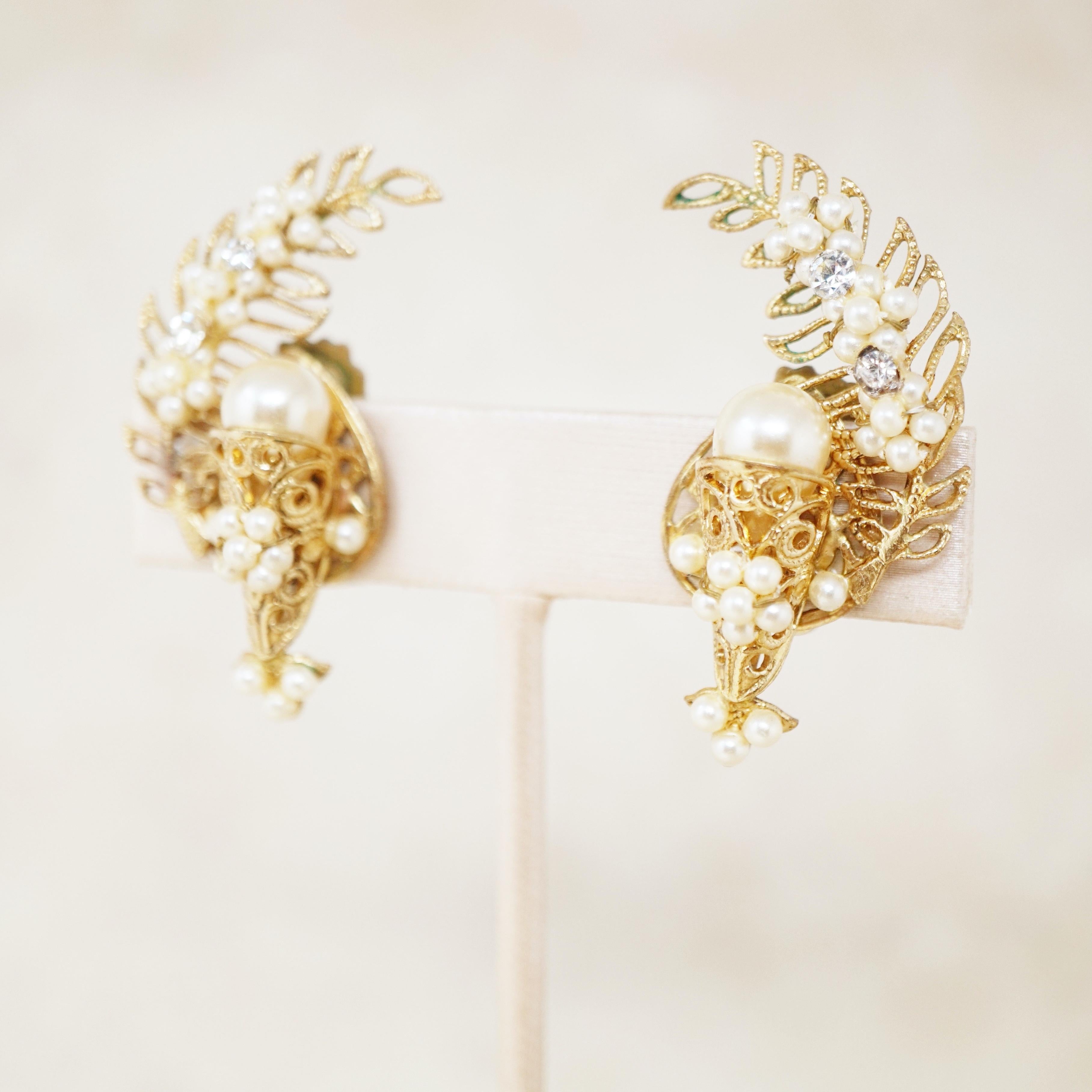 Vintage Ornate Filigree & Pearl Climber Statement Earrings, 1950s 1