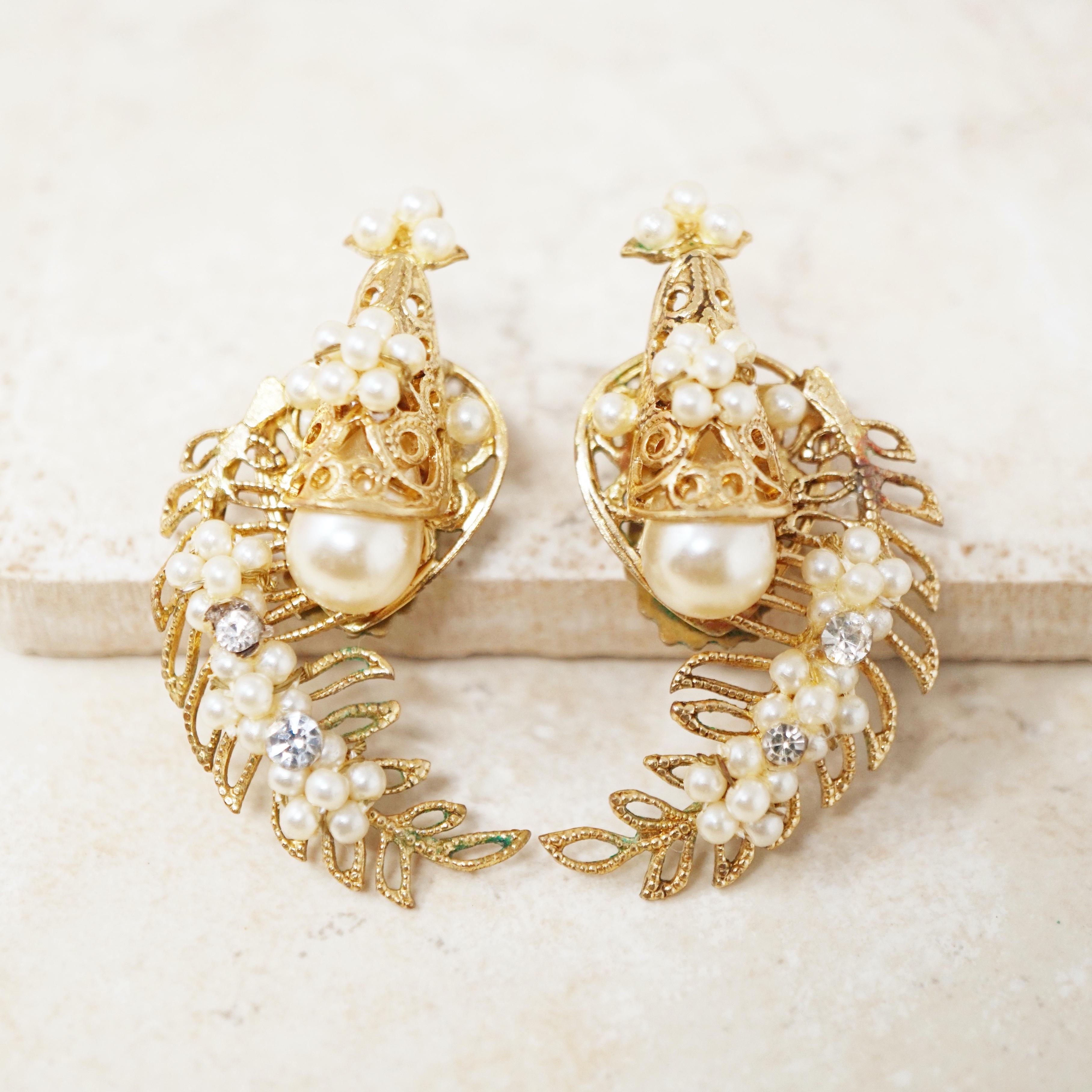 Vintage Ornate Filigree & Pearl Climber Statement Earrings, 1950s 3