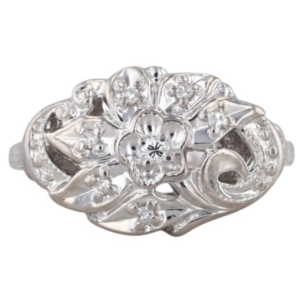 Vintage Ornate Floral Diamond Ring 14k White Gold Size 7.75