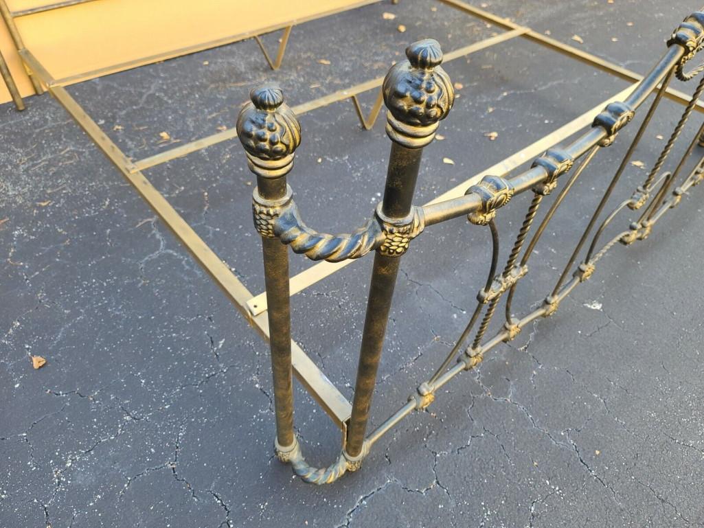 Iron Vintage Ornate French King Bedframe Patinated Metal For Sale