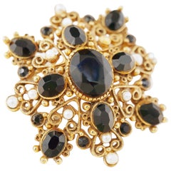 Vintage Ornate Gilded Brooch with Onyx & Pearl Accents by Florenza, 1960s
