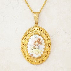 Vintage Ornate Gilded Floral Locket Pendant Necklace by Miriam Haskell, 1950s