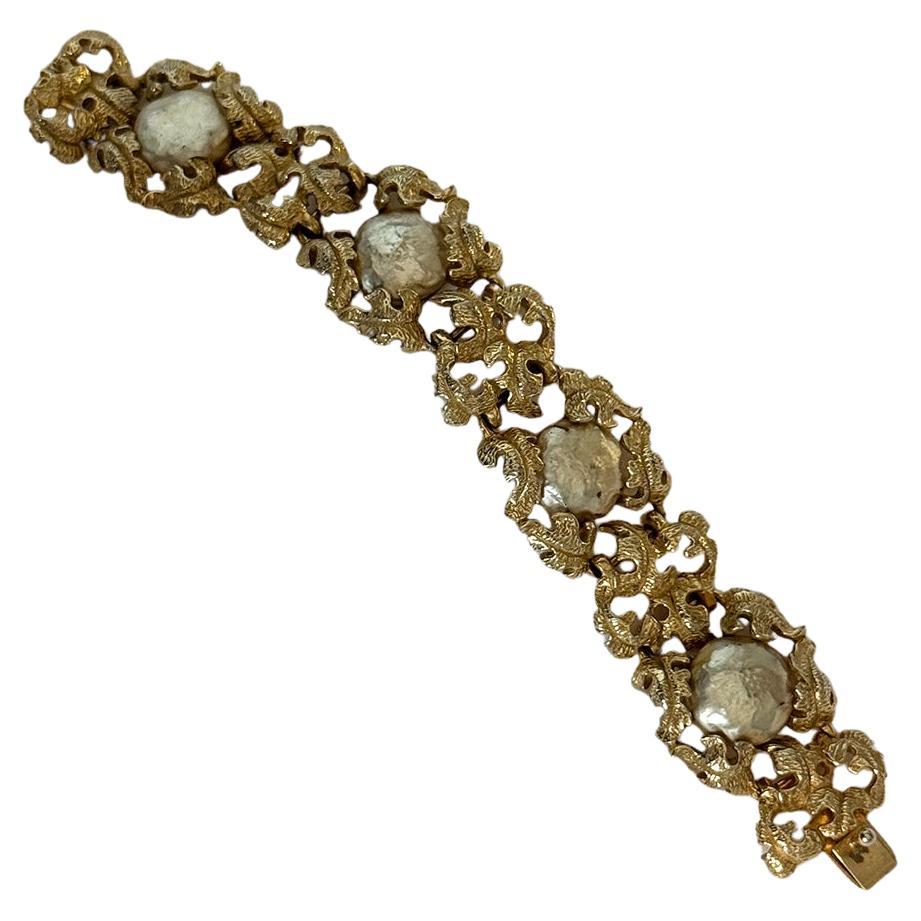 Vintage Ornate Gold Floral Bracelet with Baroque Pearls, in style of Buccellati For Sale