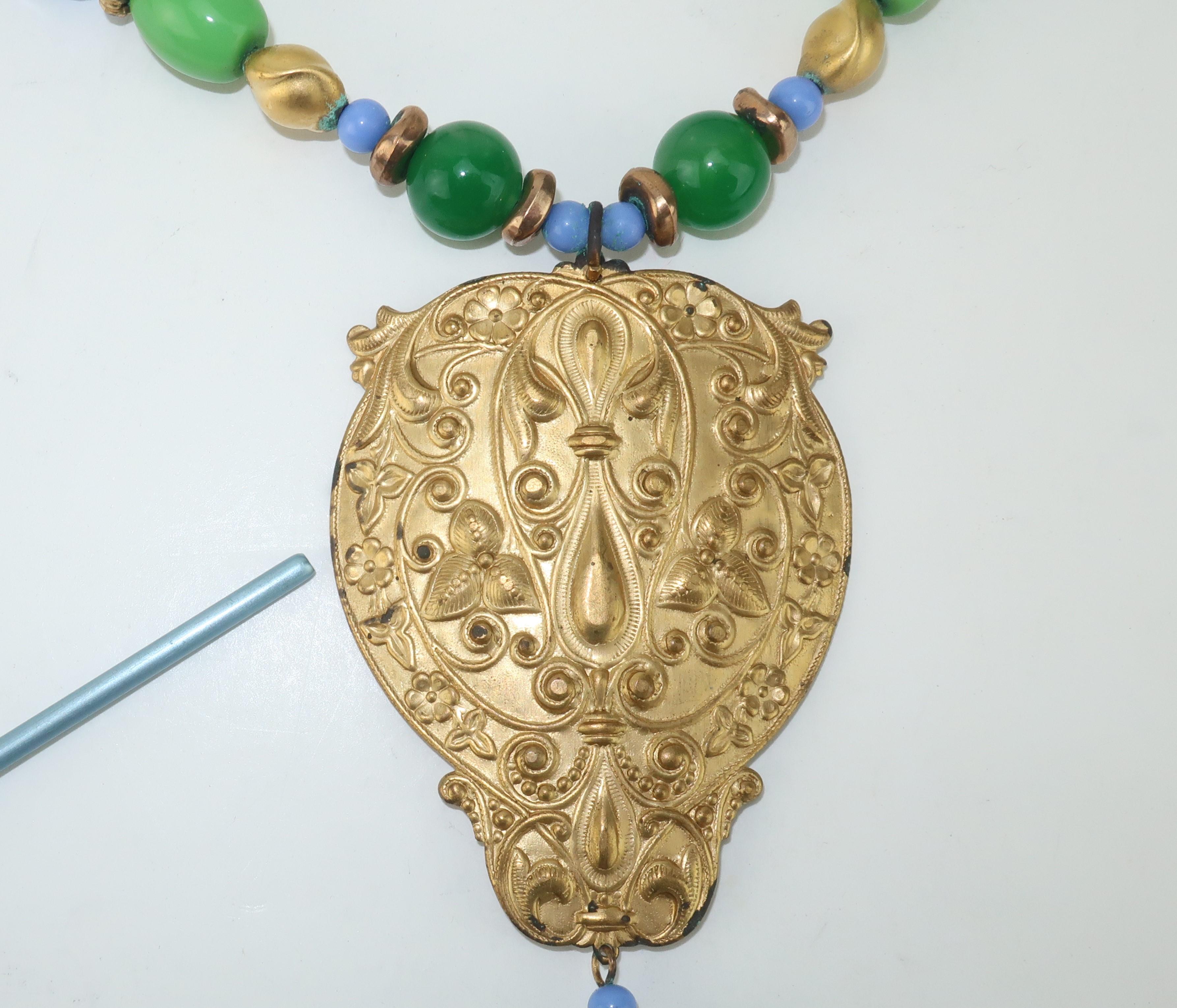Vintage Ornate Gold Medallion Glass Bead Bohemian Necklace 5