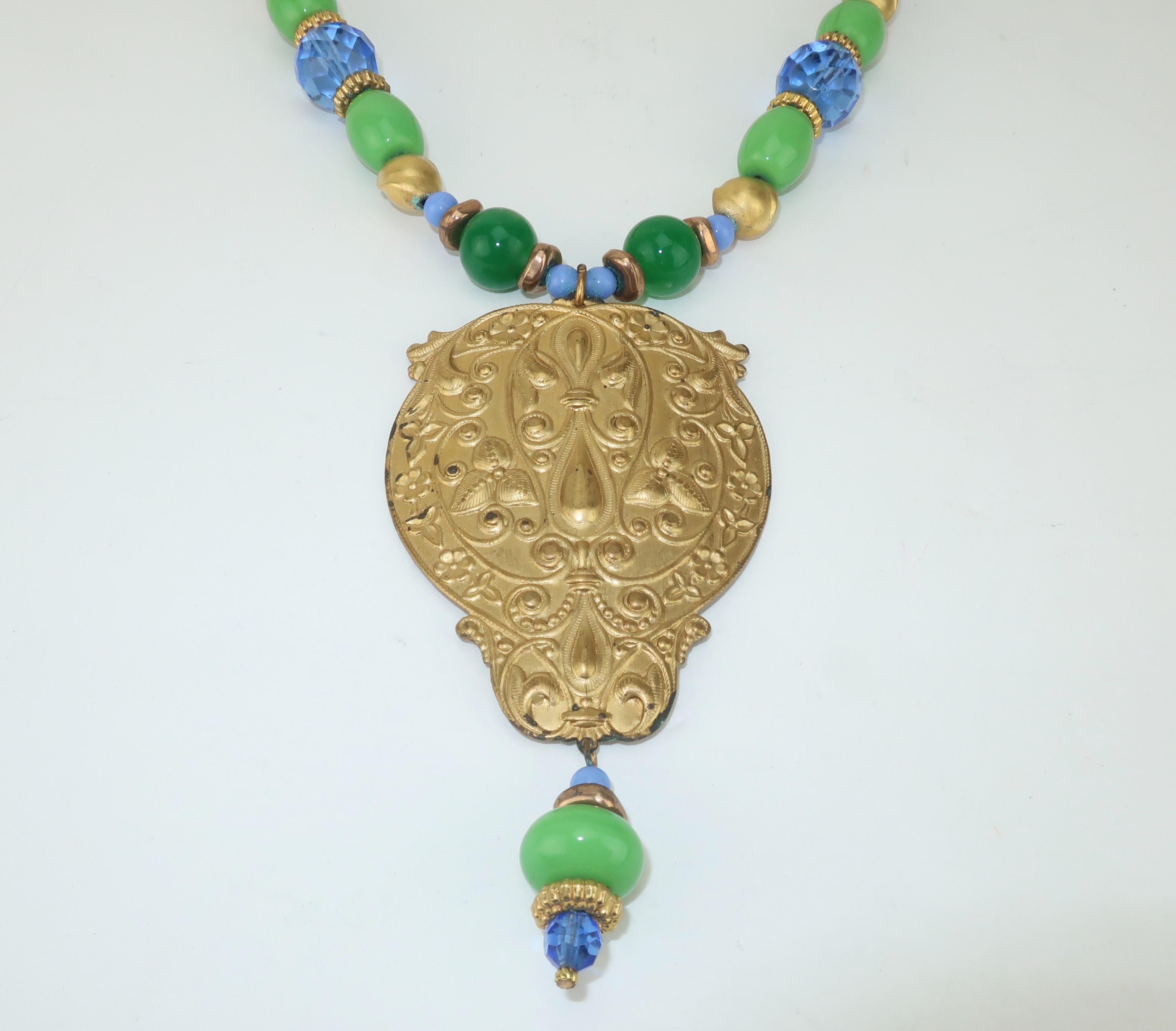 Artisan Vintage Ornate Gold Medallion Glass Bead Bohemian Necklace