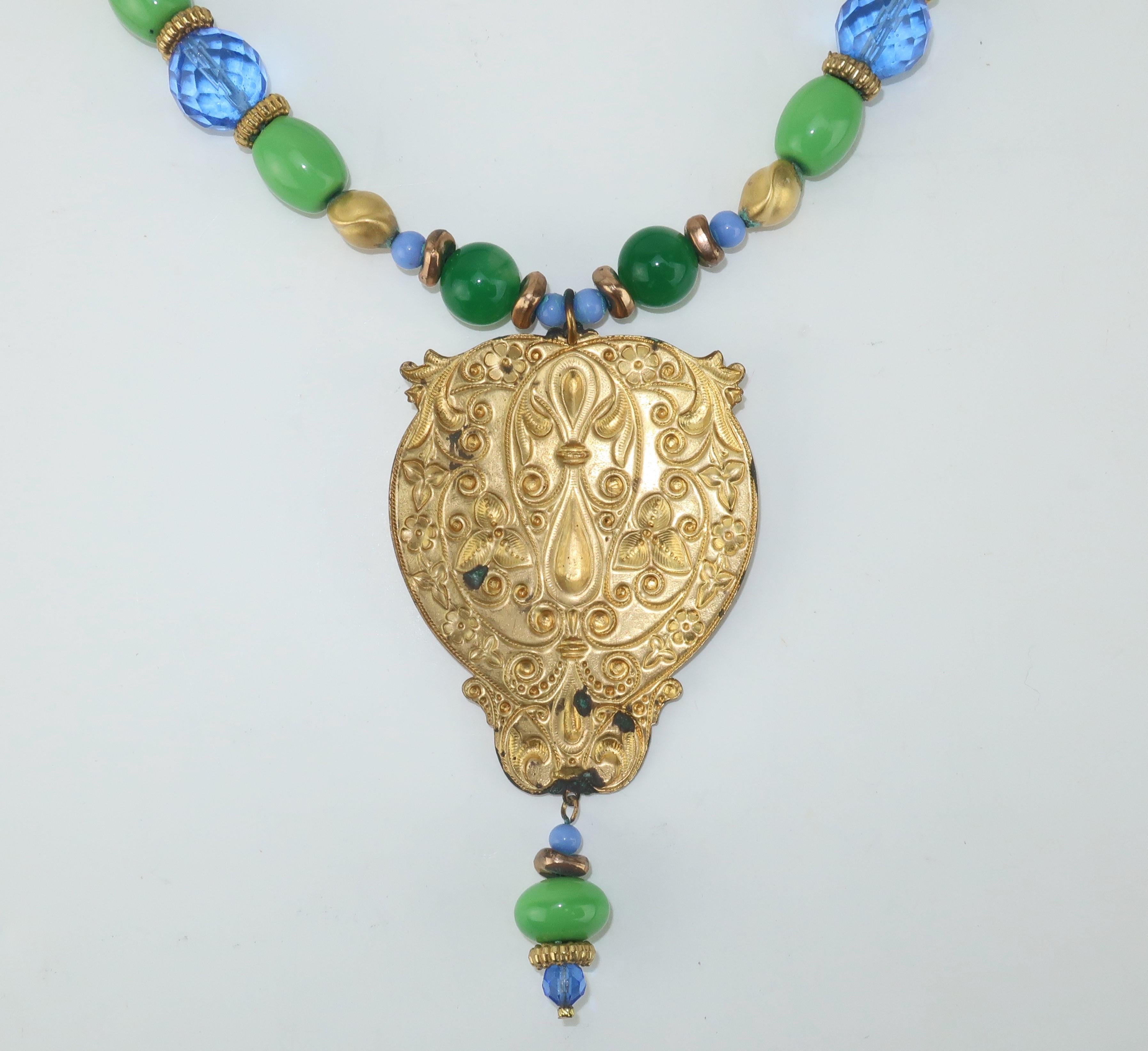 Vintage Ornate Gold Medallion Glass Bead Bohemian Necklace 3