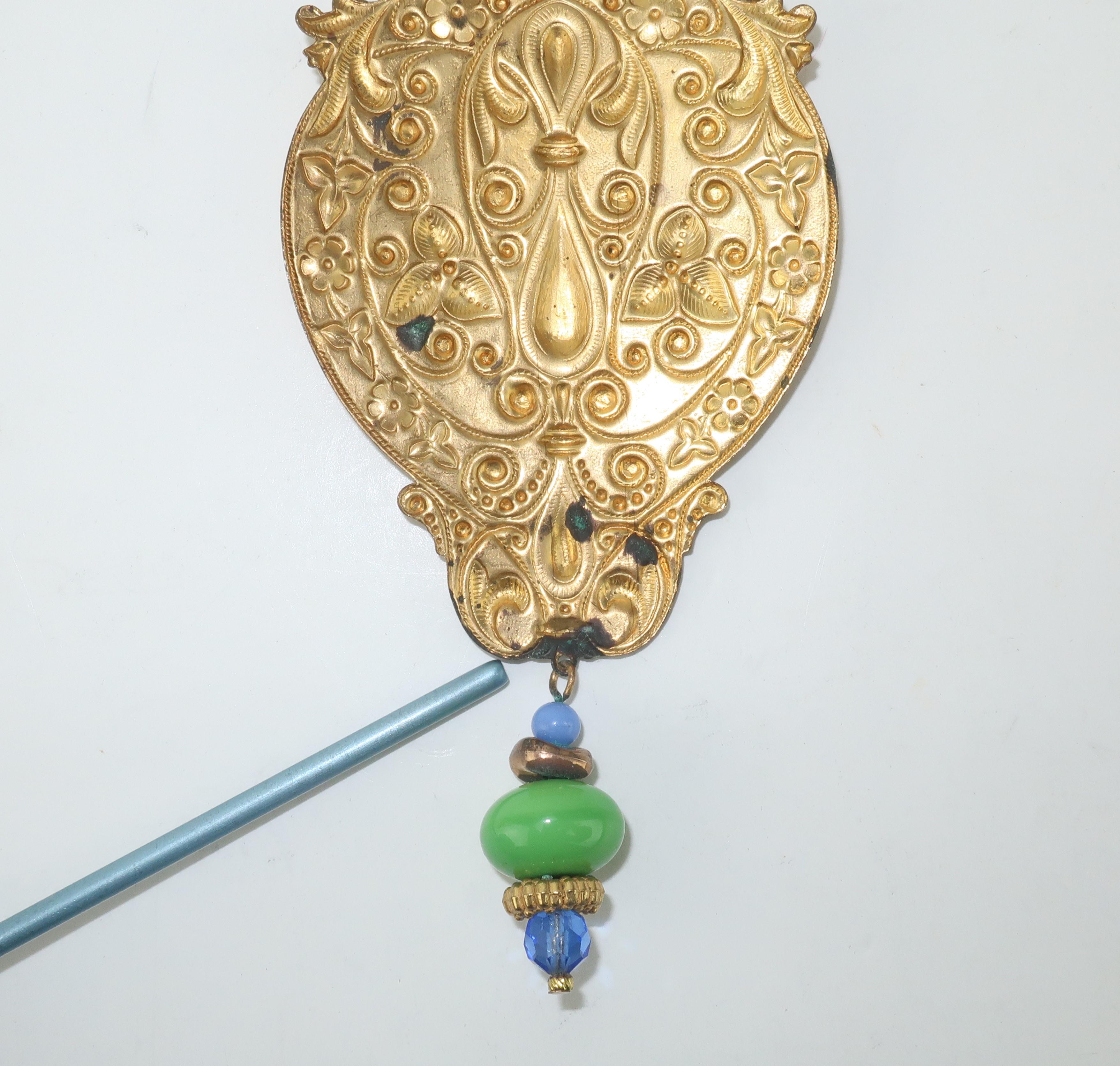 Vintage Ornate Gold Medallion Glass Bead Bohemian Necklace 4