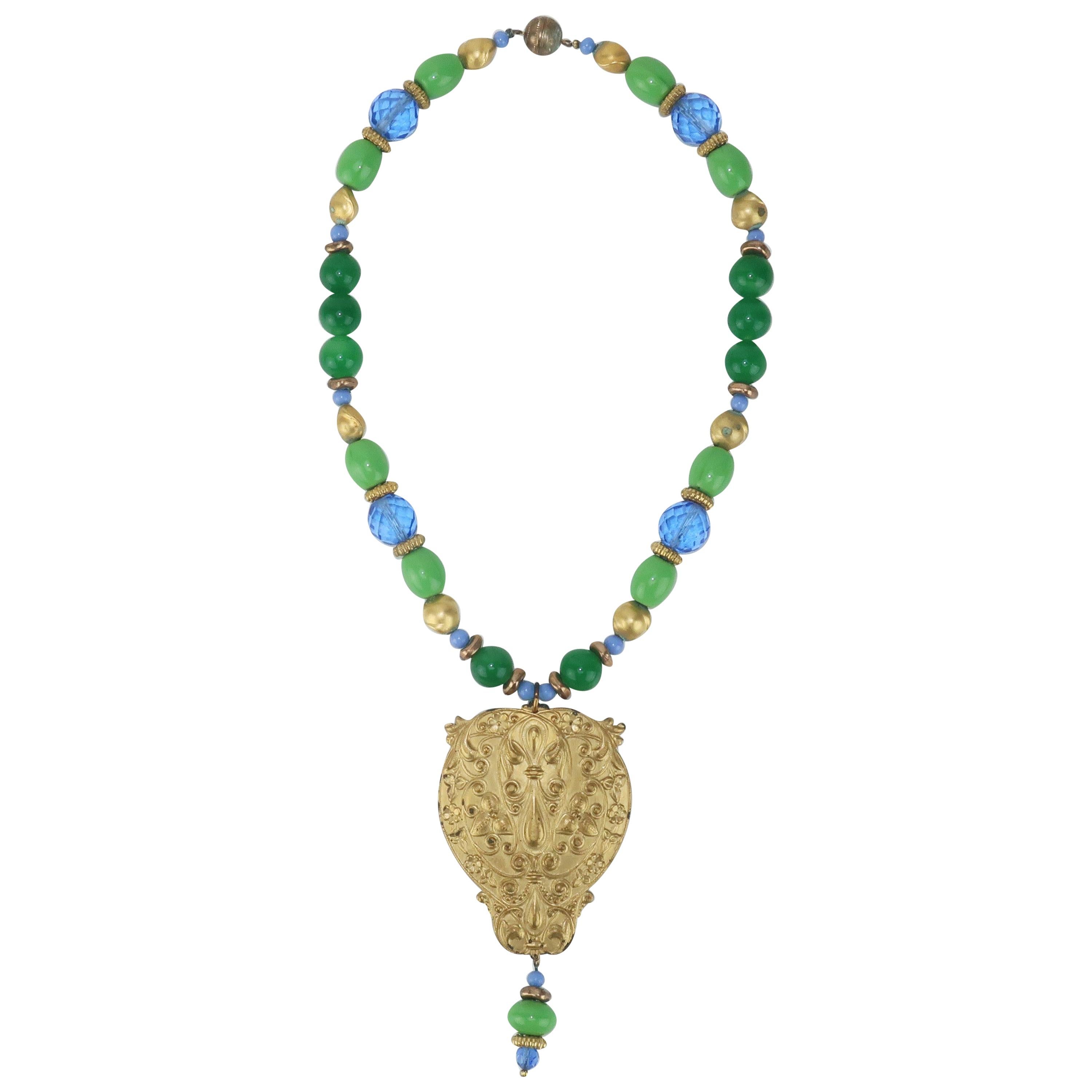 Vintage Ornate Gold Medallion Glass Bead Bohemian Necklace