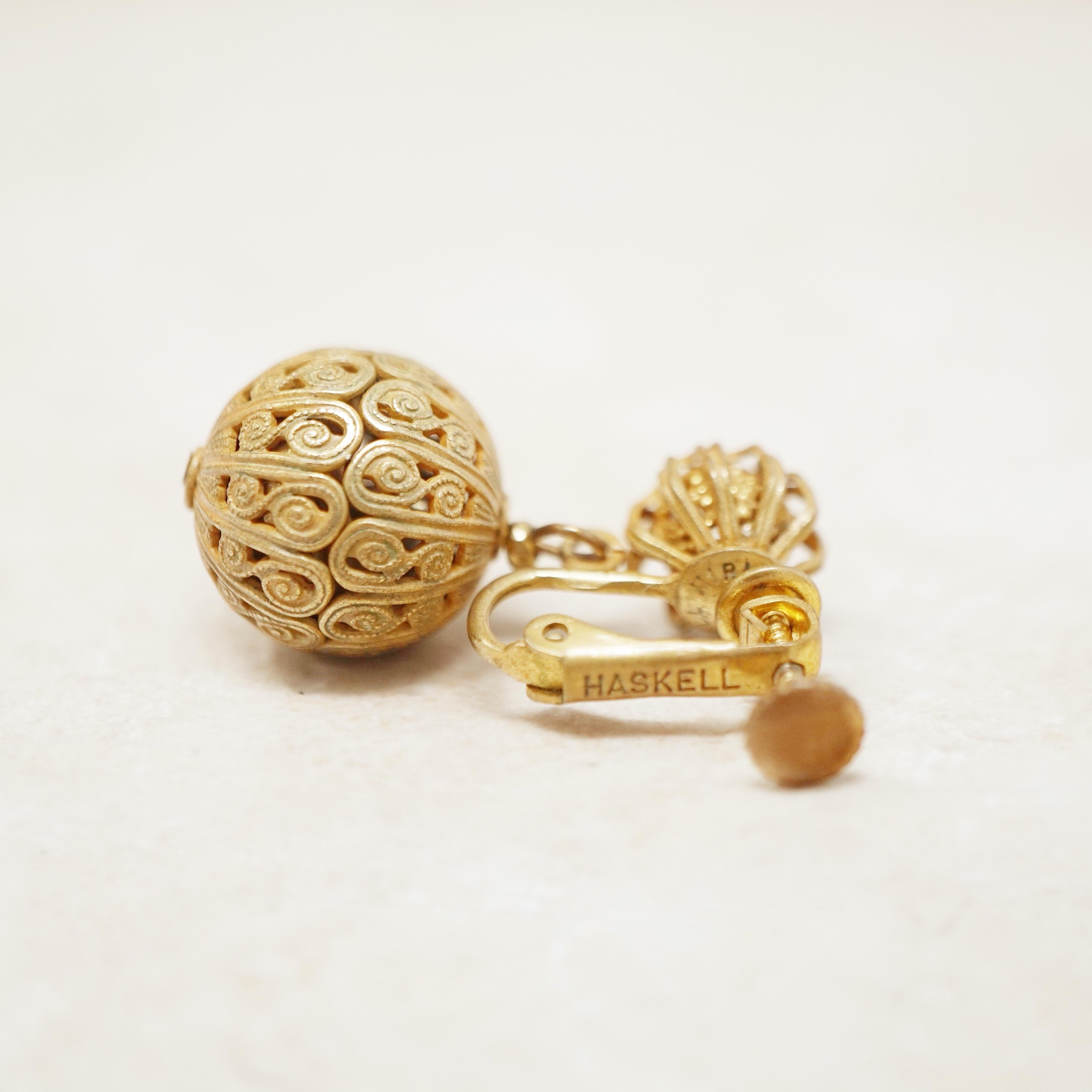 Modern Vintage Ornate Golden Ball Dangle Earrings by Miriam Haskell, 1950s