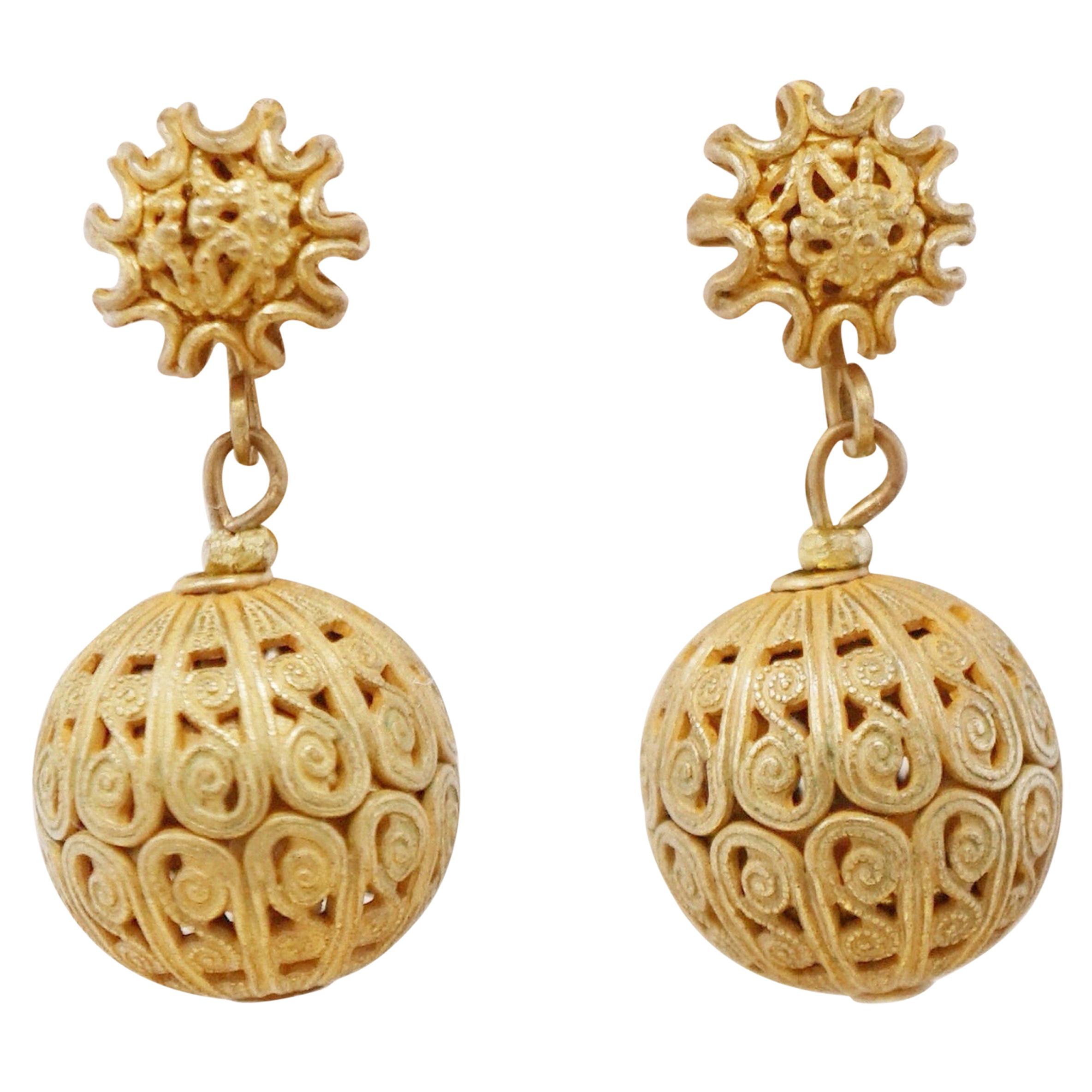 Vintage Ornate Golden Ball Dangle Earrings by Miriam Haskell, 1950s
