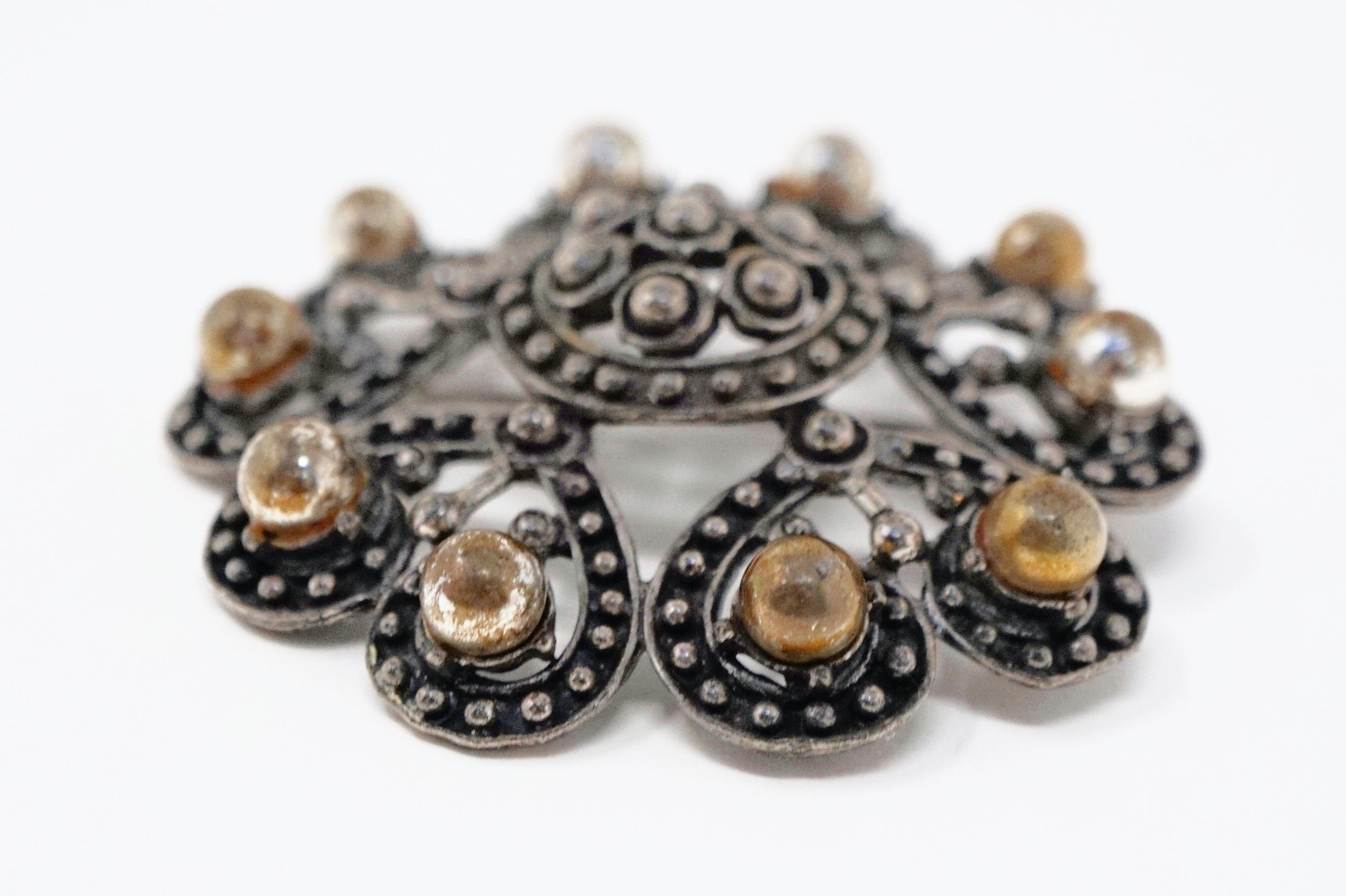 Vintage Ornate Gunmetal Gothic Victorian Revival Brooch by Florenza, circa 1960 In Good Condition In McKinney, TX