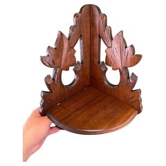 Vintage Ornate Hand Carved Wooden Corner Hanging Shelf With Leaf Motif.