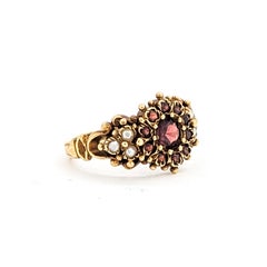 Vintage Ornate Mozambique Garnet & Seed Pearl Ring in 14k Yellow Gold