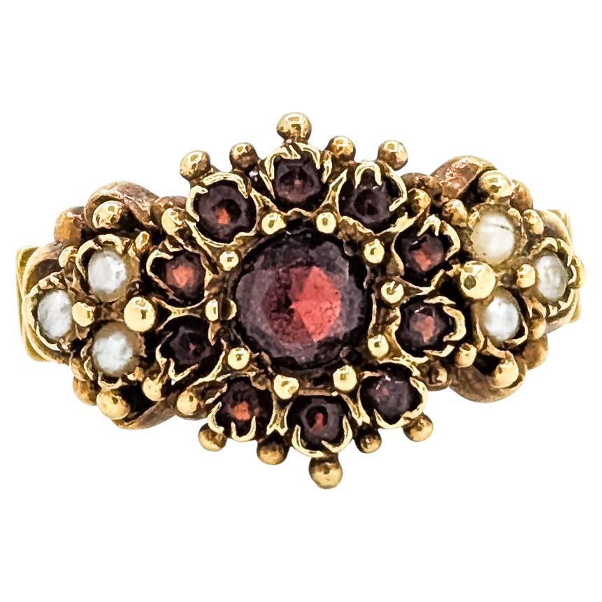 Vintage Ornate Mozambique Garnet 
Seed Pearl Ring in 14k Yellow Gold