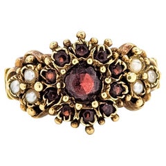 Vintage Ornate Mozambique Garnet & Seed Pearl Ring in 14k Yellow Gold
