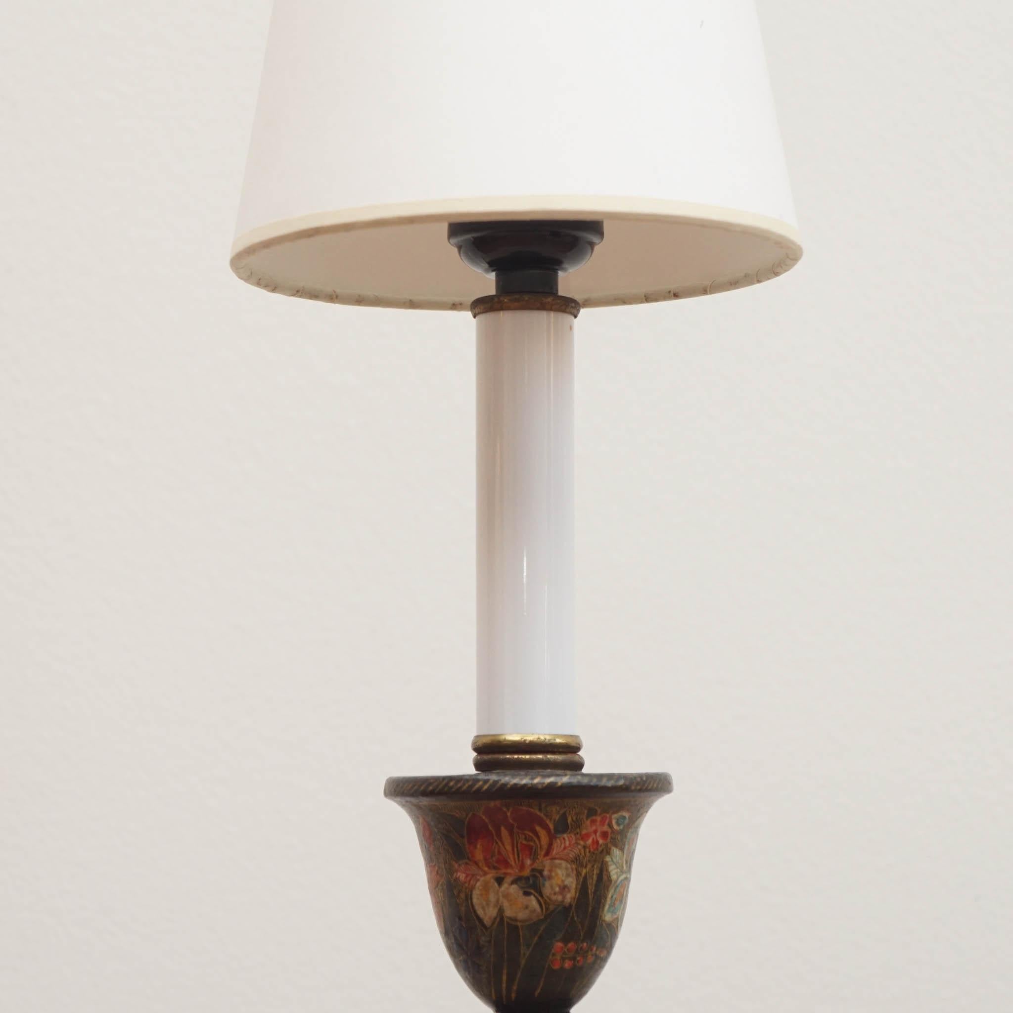 French Vintage Ornate Painted Candlestick Table Lamp For Sale