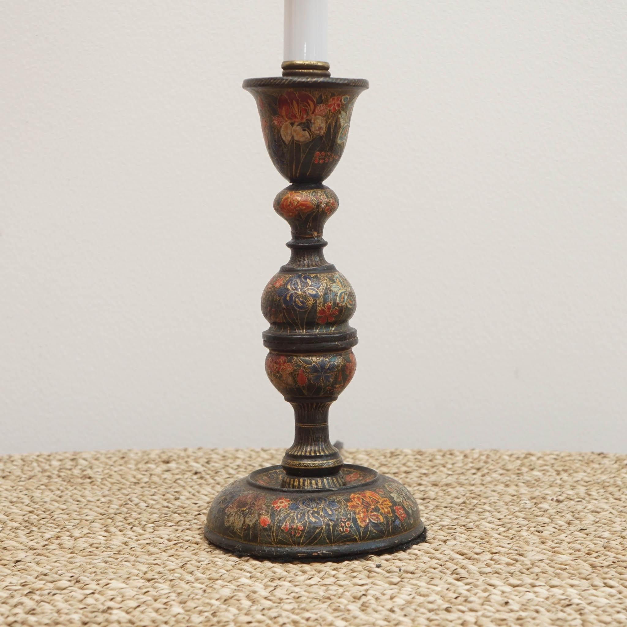 Hand-Crafted Vintage Ornate Painted Candlestick Table Lamp For Sale