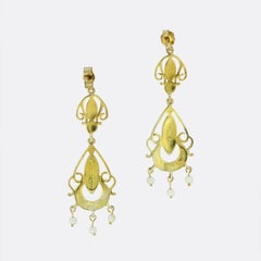Vintage Ornate Pearl and Enamel Drop Earrings