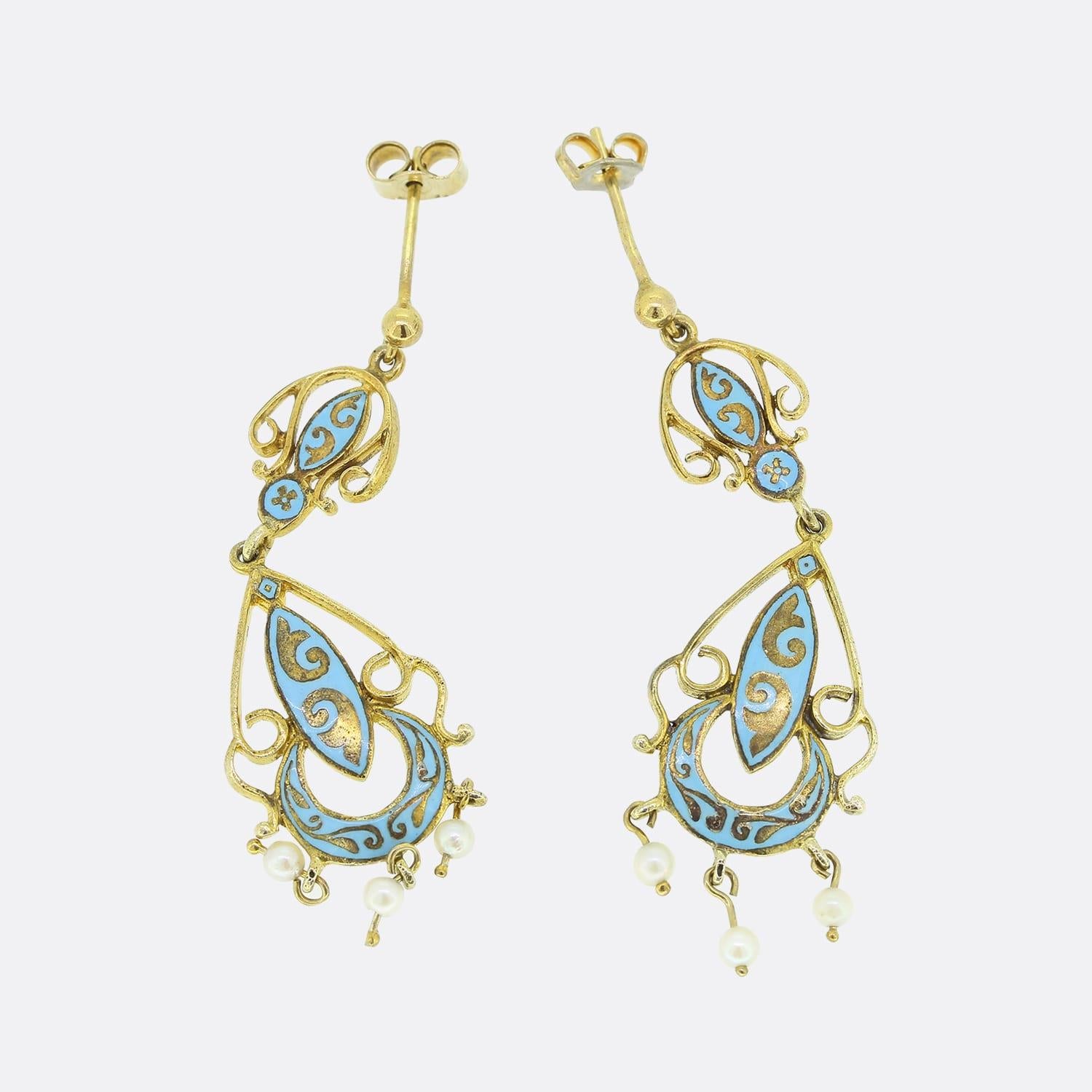 Round Cut Vintage Ornate Pearl and Enamel Drop Earrings For Sale
