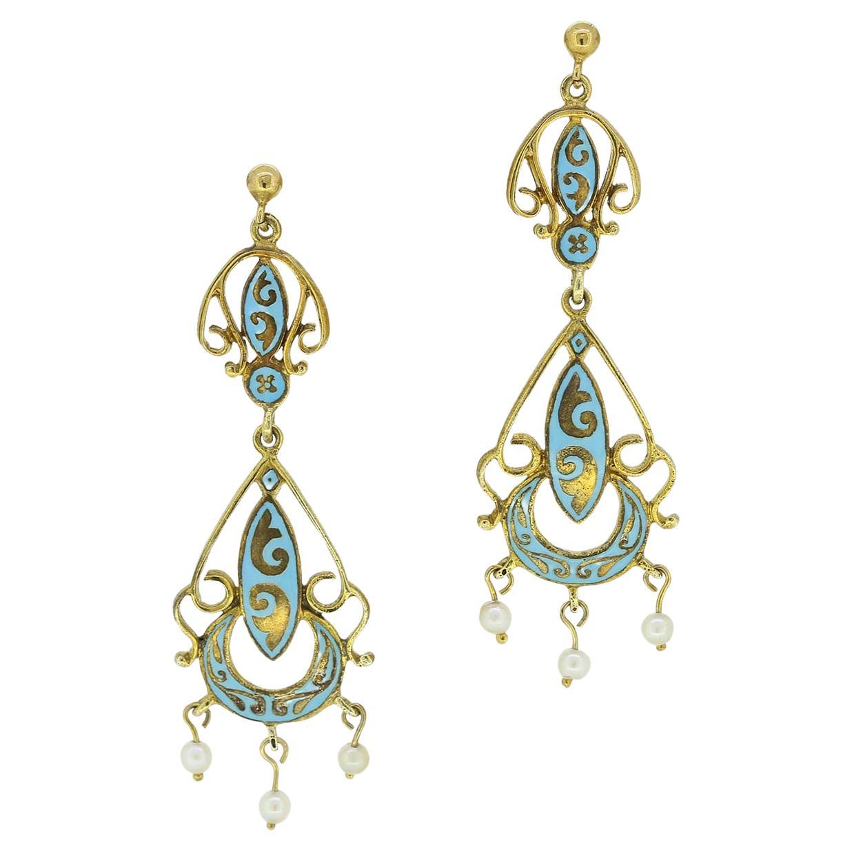 Vintage Ornate Pearl and Enamel Drop Earrings For Sale