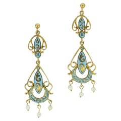 Retro Ornate Pearl and Enamel Drop Earrings